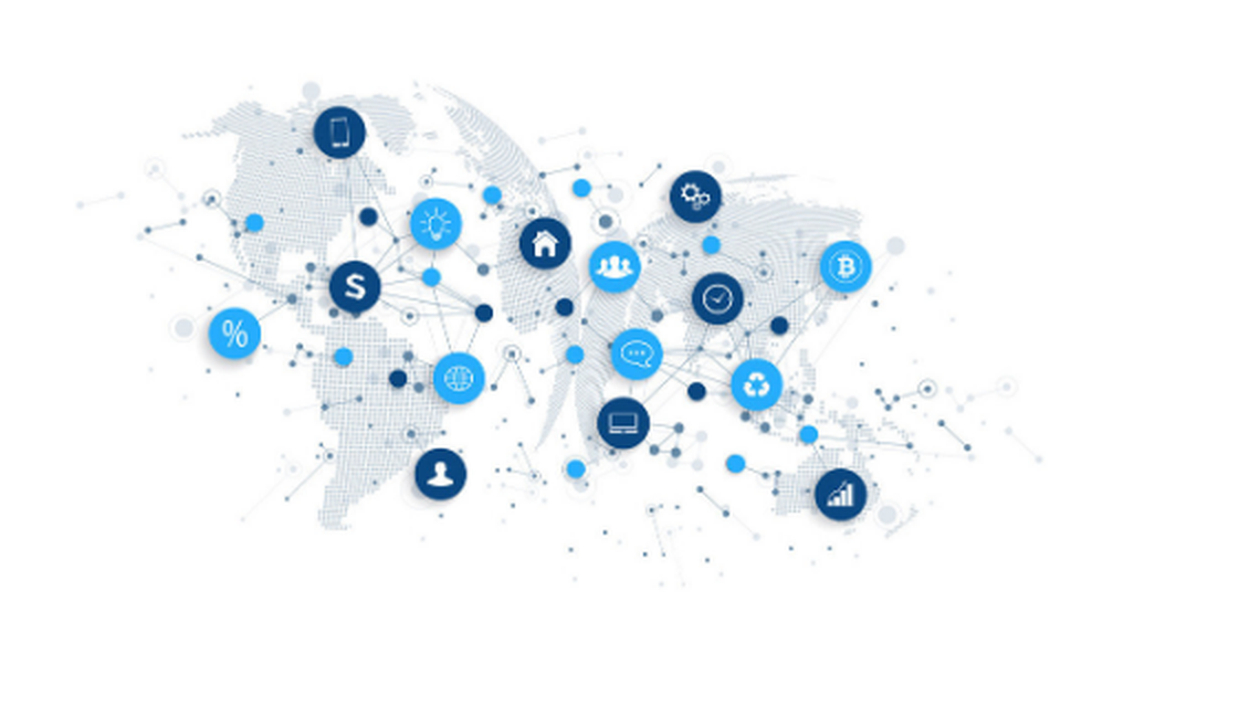 Our mDash illustration: a dotted world map overlaid with connected circular nodes carrying device, home, screen, user and meter icons, linked by thin lines across the continents